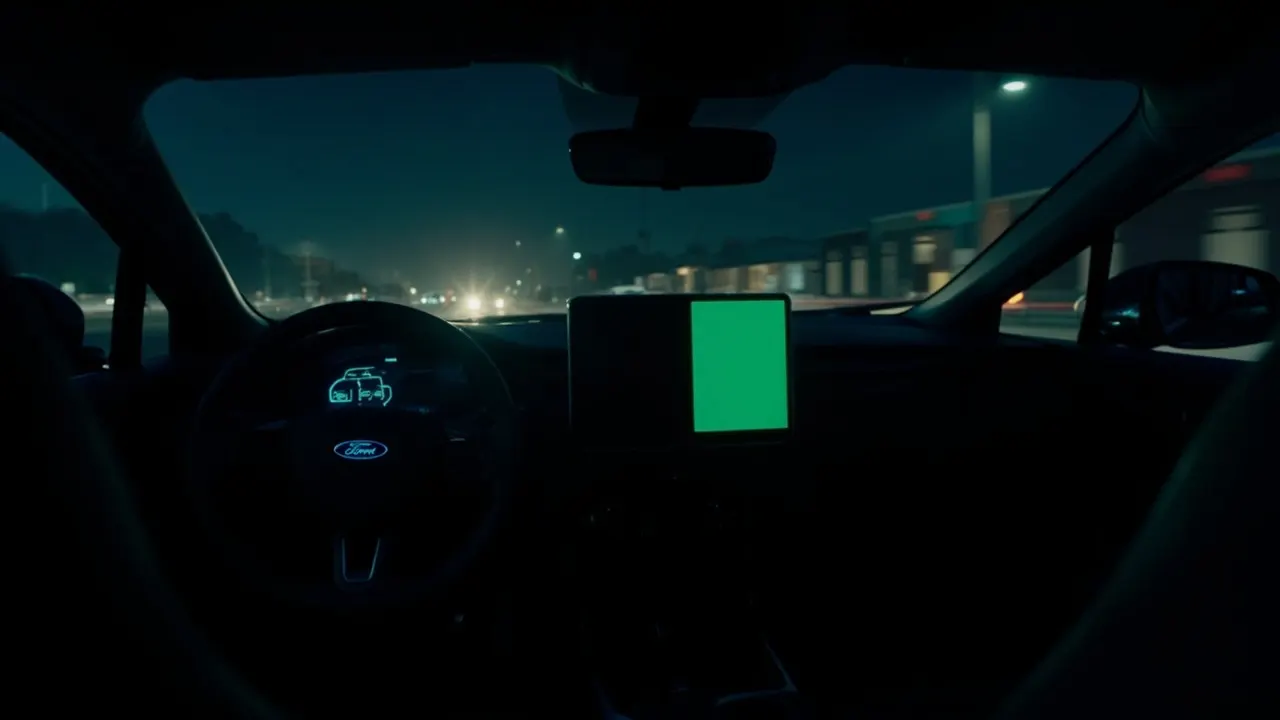 An empty Ford Mustang Mach-E interior at night with the portrait touchscreen glowing green and a Ford badge visible on the steering wheel
