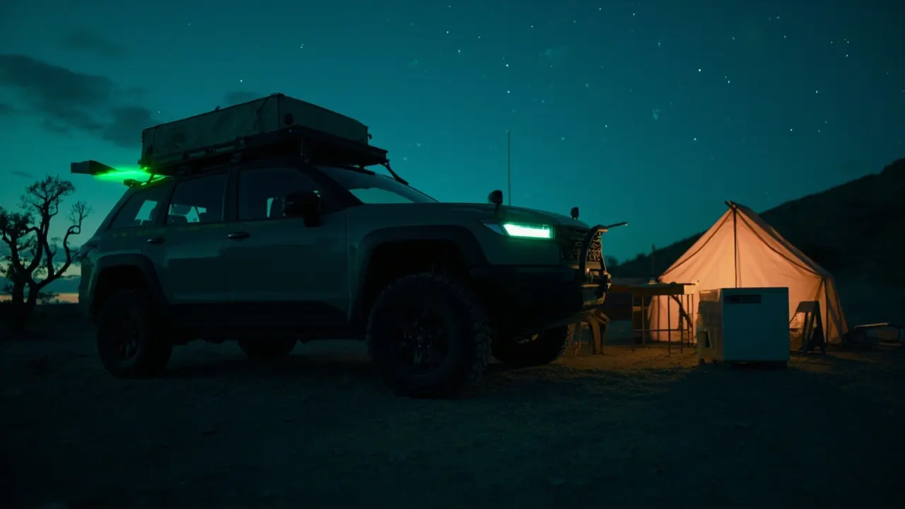 A Rivian R1S parked at a campsite at dusk with camping gear and a portable fridge set up nearby