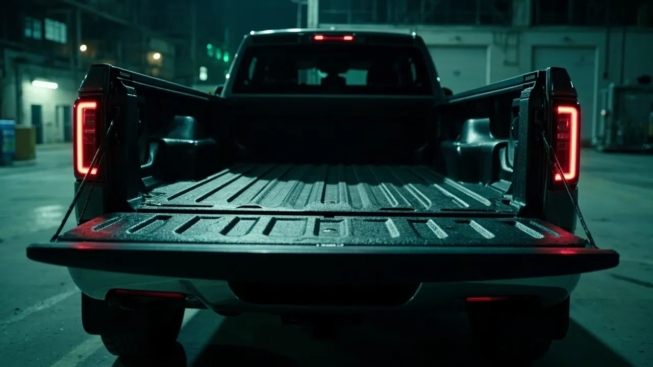A Tesla Cybertruck bed and tailgate area fitted with a protective bed mat